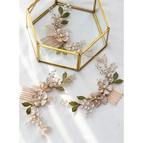 Bridal Hair Comb Piece Gold Floral Women Headpiece Handmade Rhinestone Pearls Jewelry Wedding Prom Hair Accessories