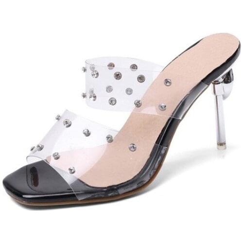 Women Sexy Transparent PVC band Sandals Outdoor Thin High heels Slippers Summer Fashion party shoes big size
