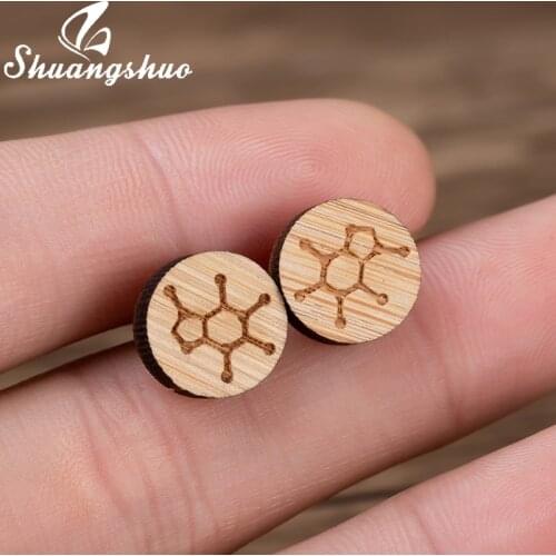 Shuangshuo Caffeine Molecule Structure Stud Earrings for Women Geometric Wood Earring Fashion Jewelry Ear Studs Jewellery bijoux
