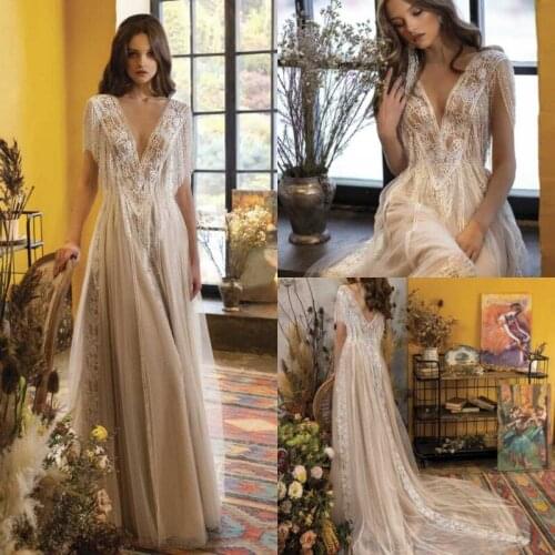 2021 Wedding Dresses V Neck Lace Appliques Tassel Bridal Gowns Gorgeous Backless Sweep Train Mermaid Wedding Dress