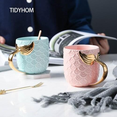 Light Luxury Mermaid Golden Handle Fish Scale Ceramic Mug Coffee Cup Breakfast Oatmeal Cup Suitable For Girlfriend Birthday Gift