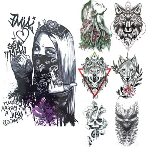 Masked Women Temporary Tattoo For Female Men Geometric Wolf Tatoos Paper Harajuku Death Skull Waterproof Tatoo Thigh Rose Flower