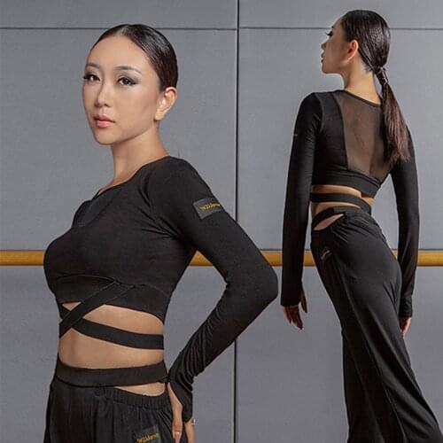 2020 Latin Dance Tops With Breast Pads Adult Latin Practice Wear Salsa Long Sleeve Tops Bandage Hollow Designer Clothes DNV14145