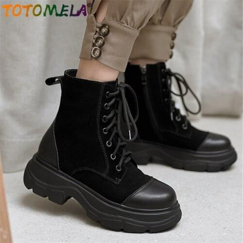 TOTOMELA 2021 Hot Sale Suede Leather +Genuine Leather Ankle Boots Women Casual Shoes Round Toe Lace Up Flat Platform Boots Women