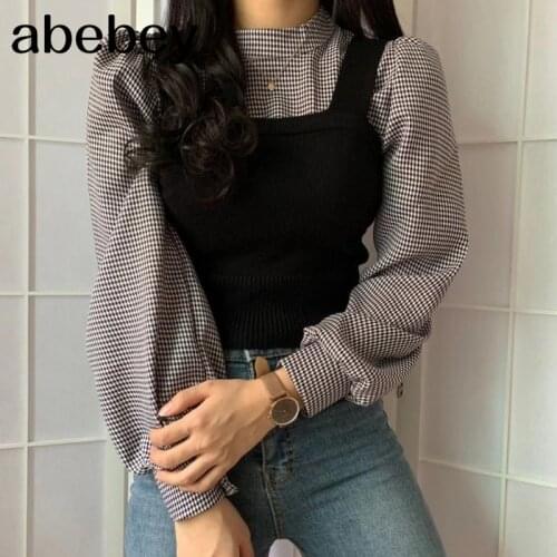 Women Elegant Sets Half Turtleneck Lantern Long Sleeve Pullover Blouse + Slim Knitted Short Vest 2020 Fahsion Suits 55701