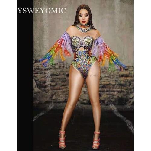 Colorful Rhinestones Fringes Leotard Costume Womens Birthday Prom Celebrate Outfit Bar Evening Women Dance Costume Bodysuit