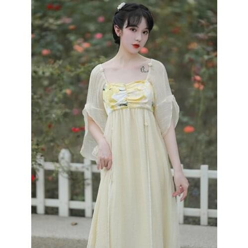 Women Chinese Hanfu Traditional Vestidos Han Dynasty Princess Costume Summer Print Pleated Square Neck Elegant Fairy Dress