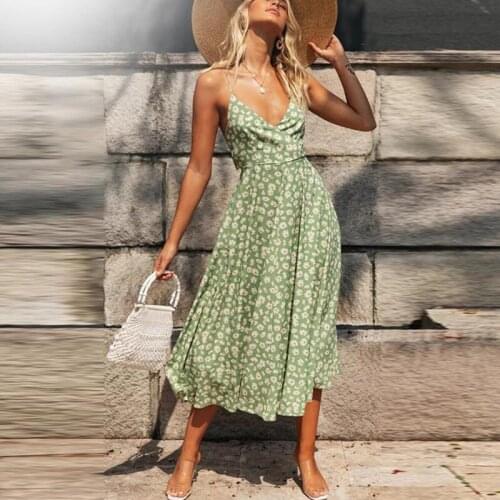 Women Midi Dresses New Arrival Summer Boho V-Neck Sleeveless Party Beach Print Long Dress Casual Sundress Vestidos A284