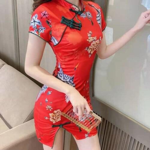 New Ladies Chinese Designs Cheongsam Dress Oriental Style Crane Short Low Split 2XL Plus Size Sexy Cheongsam Dress Women