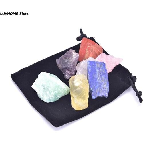 1 Set Natural Crystal Stone Seven Chakras Black Cloth Bag Large Grain Unpolished Collection Gift