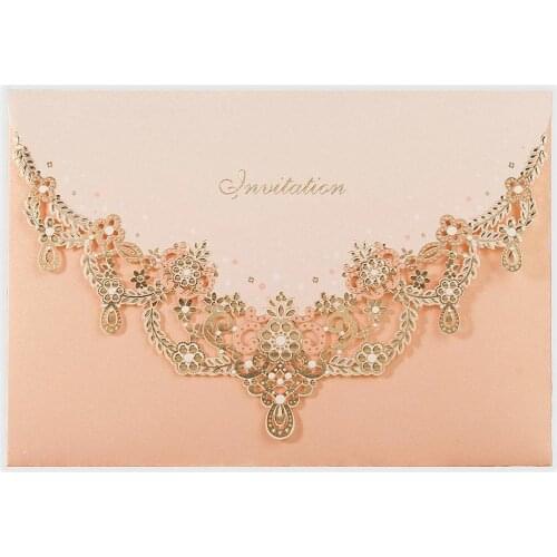 100Pcs Blush Floral Pink Laser cut Wedding Invitations Card, Bronze Glitter Wedding Card, Bridal Shower Invitation with Envelope