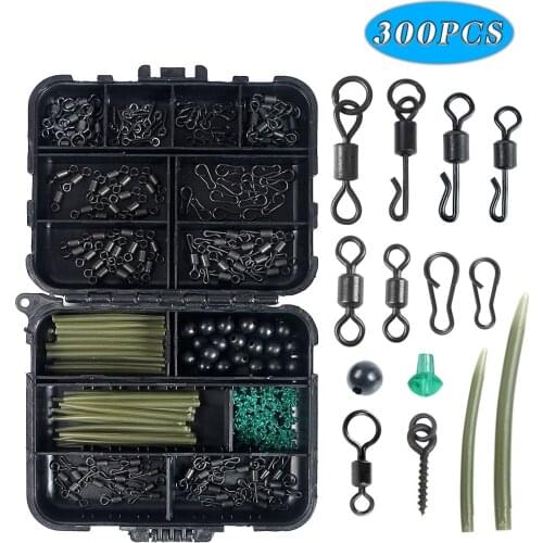 300Pcs/Box Carp Fishing Tackle Kit Including Swivels Hooks Anti Tangle Sleeves Hook Stop Screw Accessories