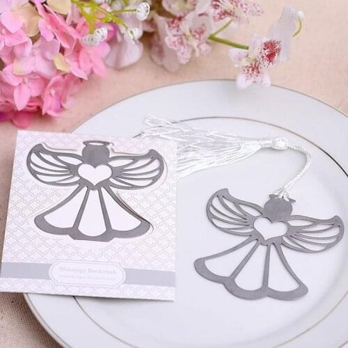 50pcs/lot)FREE SHIPPING+"Blessings" Metal Angel Bookmark With a Lovely White Tassel Baby Christening Souvenir Wedding Favors
