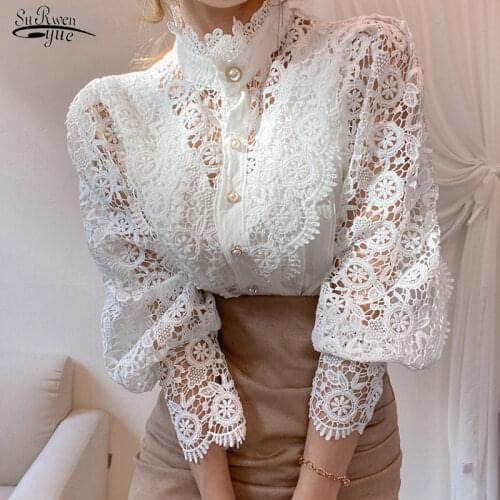 Loose Casual Blouses Hollow Crochet Floral Blouse Vintage Cotton White Lace Shirt Tops New Long Sleeve Woman Shirts Blusas 12928