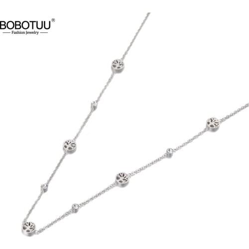 BOBOTUU Trendy Rose Gold Stainless Steel Plant Tree CZ Crystal Choker Necklace Bohemia Pendant Chain Necklace For Women BN19123