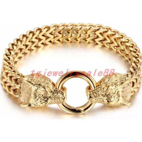 12mm Wide Punk Style Mens Trendy 12mm Wide Gold Color Stainless Steel Figaro Rolo Chain Bracelet Wolf Head Jewelry 8.66" 89g