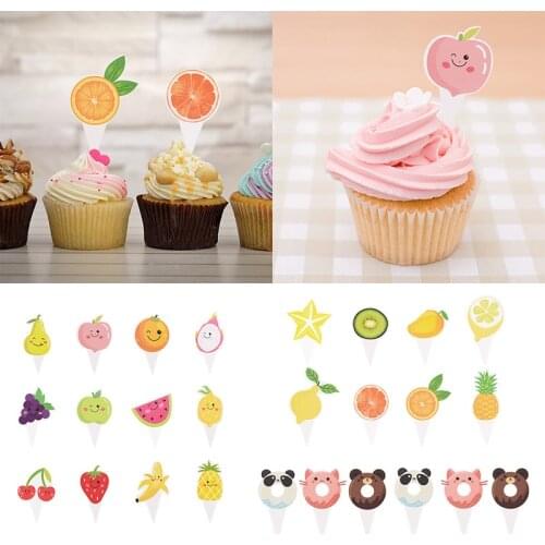 1 Set Paper Cards Cake Toppers Cartoon Animal Fruit Design Cupcake Toppers Cake Pick for Kids Birthday Cake Decor Party Supplies