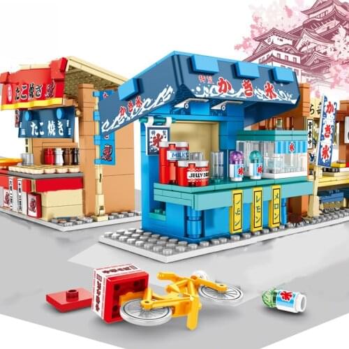 Childrens Mini City Street Building Blocks Japanese Food Takoyaki Shop/Ramen House Bricks Toys Figures Constructor Blocks Gifts