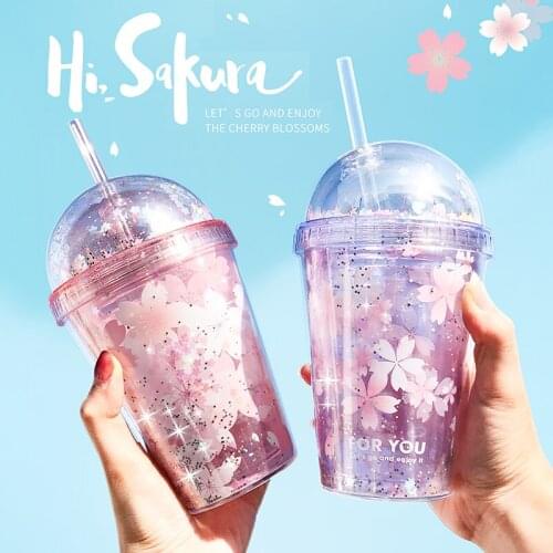 Double Layers Cats Paw Plastic Water Bottle With Straw Korean style Creative Gift Mug For Milk Coffee Tea Cup