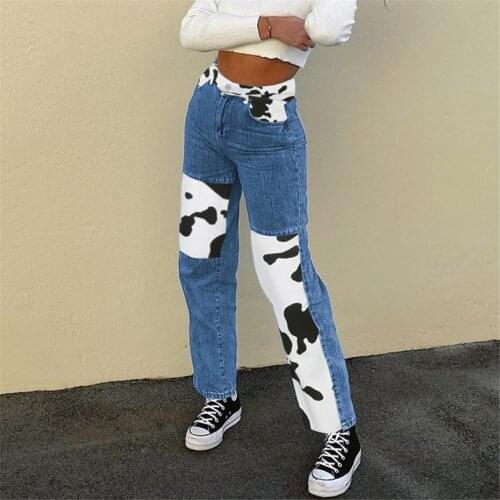 Cow pattern Color Block Patchwork Jeans Women Fashion Denim Pant High Waist Jeans Spring Casual Harajuku Blue trousers Female