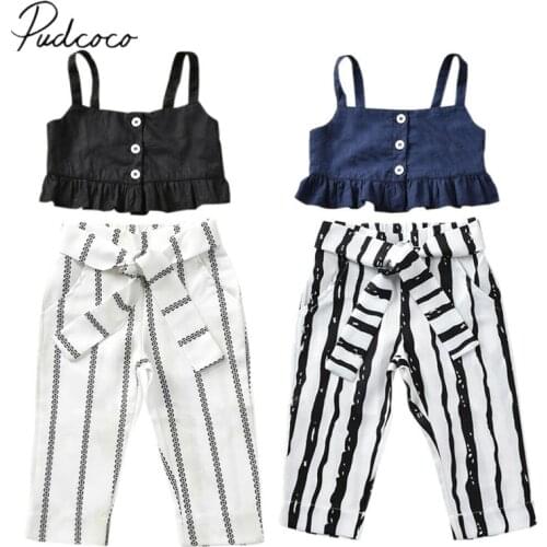2019 Baby Summer Clothing Fashion Kids Baby Girls Ruffles Sleeveless Solid Vest Tank Tops+Striped Long Pants Outfits Sunsuit Set