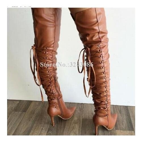 Brown Leather Back Lace-up Over the Knee Boots Women Sexy Black Cross-tie Pointed Toe Long Boots Fashion Female Booties Dropship