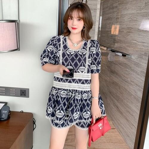High quality Printing hollow lace loose new doll + high waist shorts suits summer