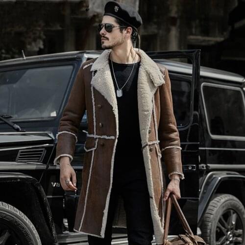 Mens Shearling Jacket Sheepskin Jacket Mens Fur Parka Luxury X-Long Military Style Coat Winter Warm B3 B7