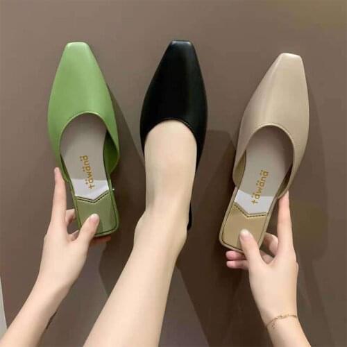 2021 Fashion Pointed Toe Mules Women Summer Slippers Candy Color Flats Slip-on Holiday Ladies Sandals Slides PU Women Shoes
