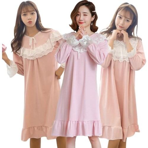 2020 Autumn Long Sleeve 100% Cotton Sweet Princess Nightgowns Women Cute Lace Sleepwear Night Dress Nightdress Home Dress Nighty