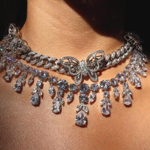 2021 New Hollow CZ Butterfly Necklace 12mm Iced Out Bling CZ Miami Cuban Link Chain 3D Butterfly Choker Hip hop Women Jewelry