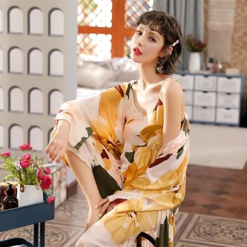 Floral Printed Pajamas Women Camisole Robe Women Comfort Loose Homewear Large Size Three Piece Female Satin Sleepwear Nightwear