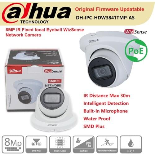 Dahua IP Camera 8MP IPC-HDW3841TM-AS IR30m Fixed focal Eyeball WizSense Network Buil-in Mic PoE Onvif Protection IP67 SMD Plus