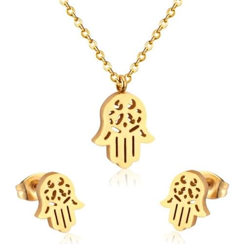 LUXUKISSKIDS Elegant Stainless Steel Gold-color Hand Pendant Necklace For Women/Girls Dubai Indian African Jewelry Sets