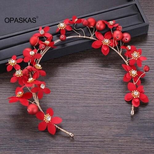 Women Chinese Style Red Flower Headband Bridal Wedding Simulation Pearl Headpiece Delicate Hairband Tassel Earrings VL