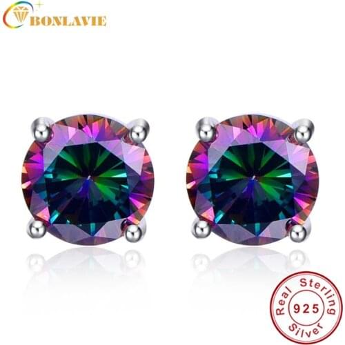 6.4ct Natural Mystic Fire Rainbow Topaz Round Earrings Silver 925 Stud For Women piercing ear Sterling Silver Earrings For Women