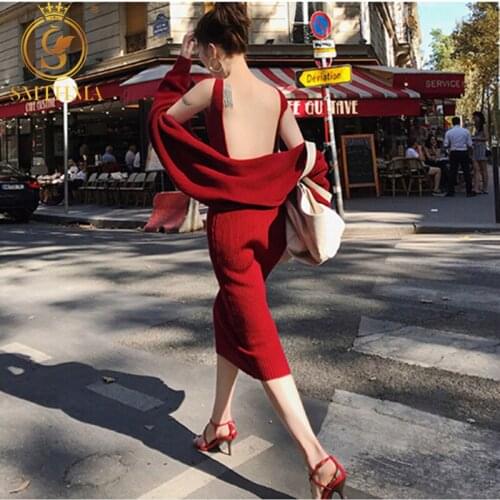 SMTHMA New Winter Womens Long Sleeve Knitted Cardigan Coat + Two-Piece Female Sexy Backless Dress Suit