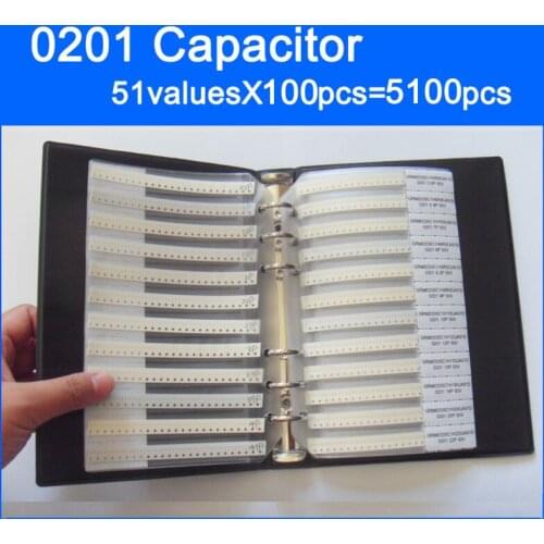 Free Shipping 0201 SMD Capacitor Sample Book 51valuesX100pcs=5100pcs 0.5PF~220NF Capacitor Assortment Kit Pack