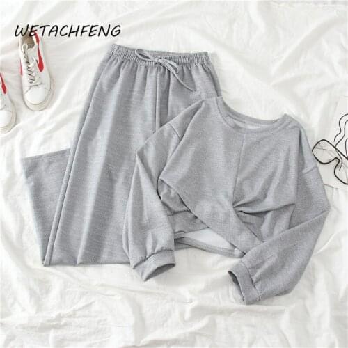 2021 Sweet Gray Korean Women Outfit Spring Knot Crop Top And Pants Loose 2 Piece Sets Plus Size Girls Loungewear Suits Clothing