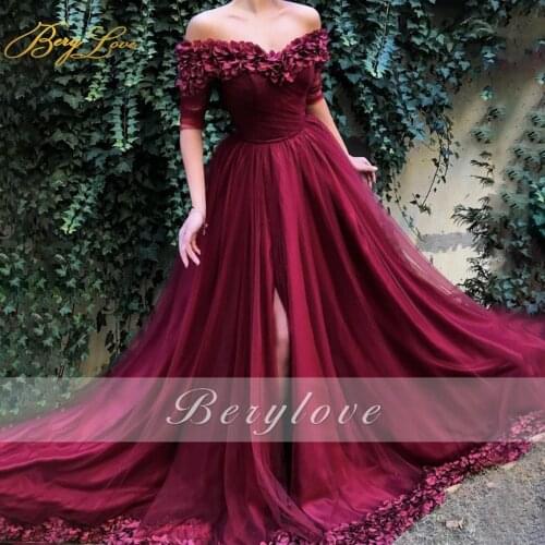 Berylove A line Burgundy Prom Dress 3D Flowers Applique Formal Gown Half Sleeve Split Party Gown Elegant Dress robes de soirée