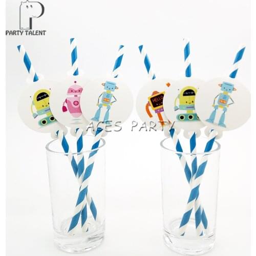 Party supplies 12pcs Robot theme straws party decoration biodegradable paper straw tube eco friendly