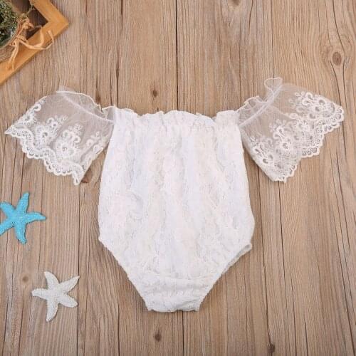 White Lace Off Shoulder Bodysuits Newborn Baby Girls Short Sleeve Lace Flower Bodysuit Jumpsuit Outfits Kids Clothing
