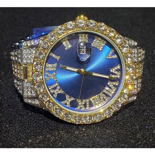 Hip Hop MISSFOX Diamond Mens Iced Out Watches Luxury Designer Fashion Blue Quartz Gold Wrist Watches Stainless Steel Watch