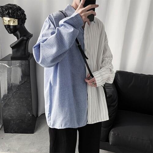 Korean Striped Shirt Mens Fashion Contrast Color Casual Dress Shirt Men Streetwear Wild Loose Long Sleeve Shirts Mens M-2XL