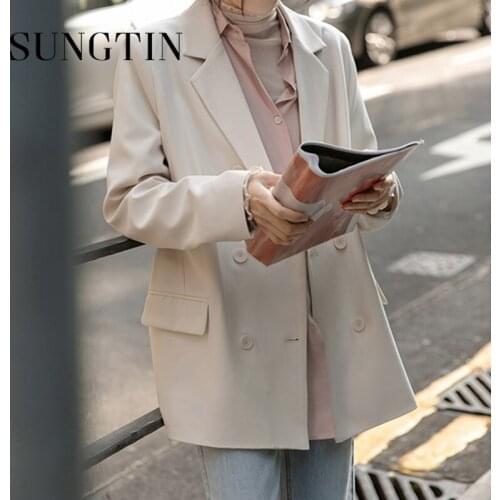 Sungtin Korean Casual Blazer Jackets Women Office Lady Loose Work Blazer Suit Coat Solid Vintage Elegant Outwear 4 Colors Chic