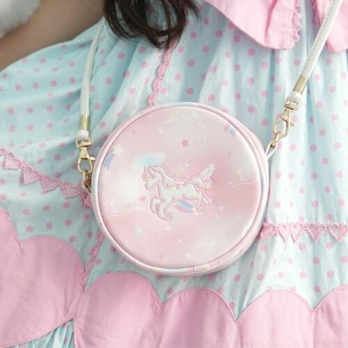 New Cute Girls Round Shoulder Bag Japan Style Cartoon Print Unicorn Crossbody PU Messenger Bag Mini Casual Ladies Party Handbag