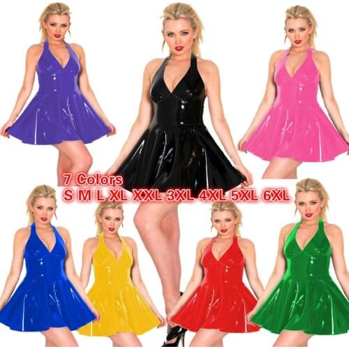 6XL Deep V-neck PVC Mini Dress Backless Women Shiny Party Cosplay Clubwear Gothic Sleeveless Vestido Sexy A-line Pleated Dress