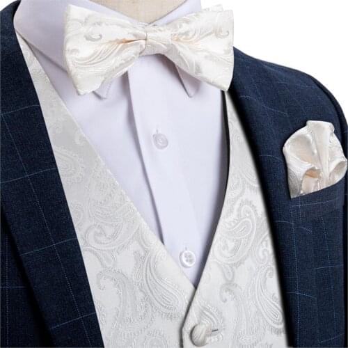Mens White Paisley Fashion Silk Wedding Waistcoat Vest For Men Bowtie Hanky Cufflinks Cravat Set for Suit Tuxedo DiBanGu MJ-118