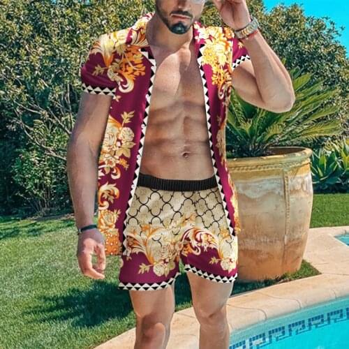 New summer fashion Hawaiian mens handsome short-sleeved 3D vacation style breathable casual two-piece shirt shorts sportswear