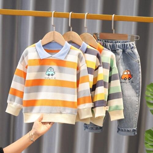 New Spring Autumn Fashion Children Cartoon Car Clothes Sets Baby Boys Striped Sweatshirt+Jeans 2-piece Toddler Girls Tracksuit